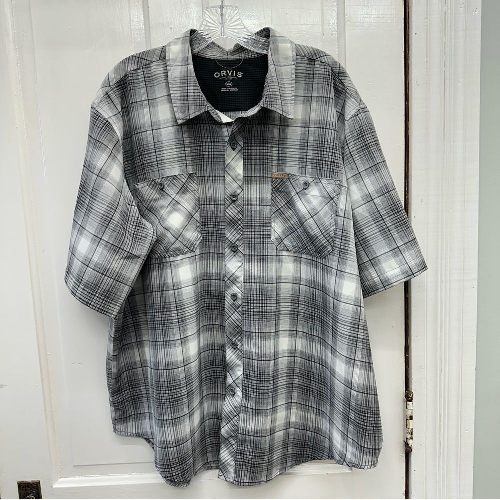 Orvis short sleeve button down shirt black white plaid men's‎ xxl